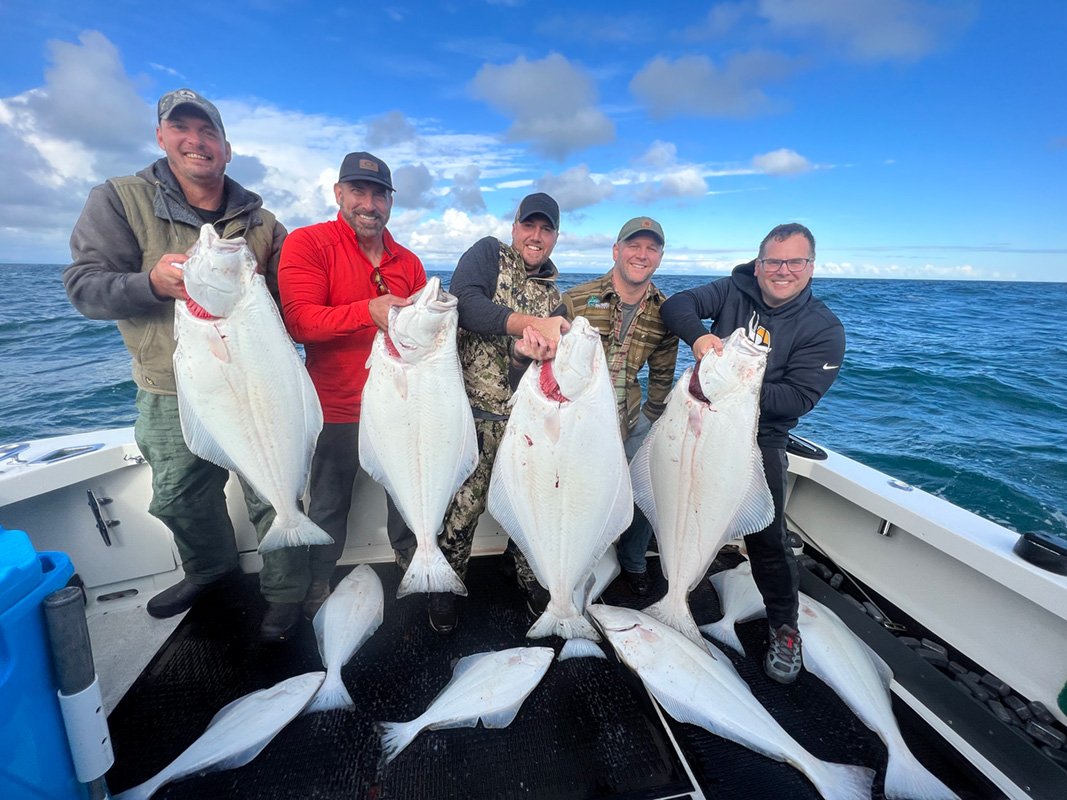Five fishers should up four halibut with several halibut on the ground.